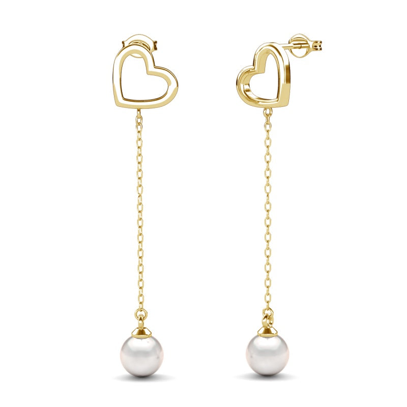Hollow Open Heart Long Chain Earrings With Shell Pearl Drop, 18K Gold Plated For Women / DE1074