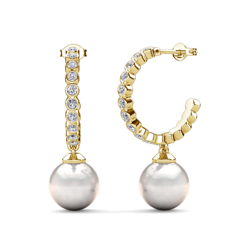 Swarovski Crystal C Hoop Earrings With Shell Pearl Drop, 18K Gold Plated For Women / DE1075