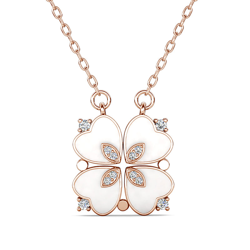 White Enamel Heart Four Leaf Clover Crystal Pendant Necklace 18K Gold Plated，Openable Four Heart MOP Bar Necklace/DP0856