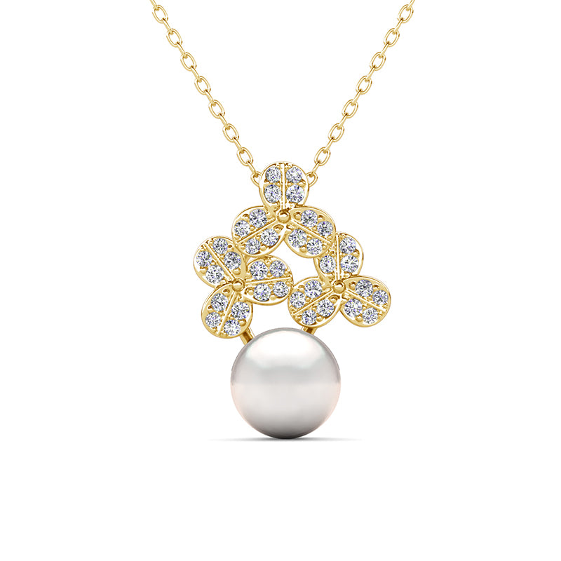 Sparkling Three-Leaf Flower Pendant with Pearl Drop,Anniversary & Birthday Gift for Women  / DP0875