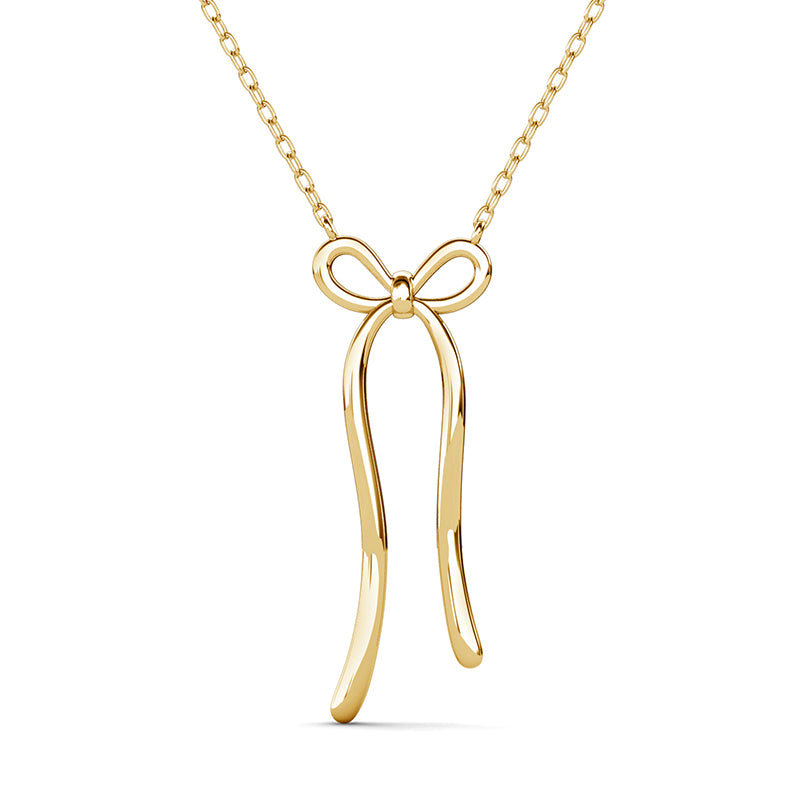 18K Gold Plated Long Drop Polished Ribbon Bow Necklace, Minimalist Bow Pendant For Women / DP0883
