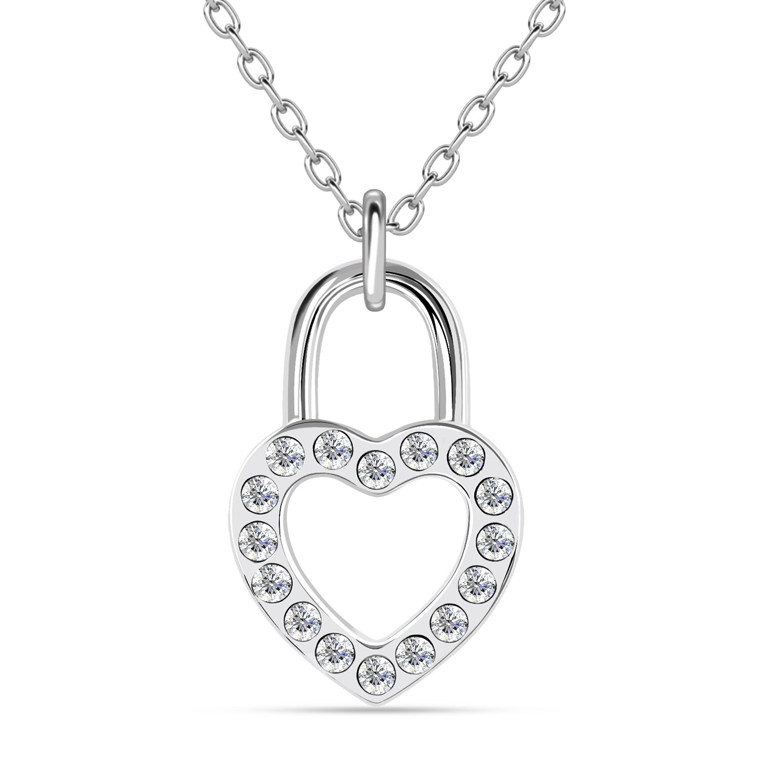 18K White Gold Plated Crystal Heart Padlock Pendant / DP0891