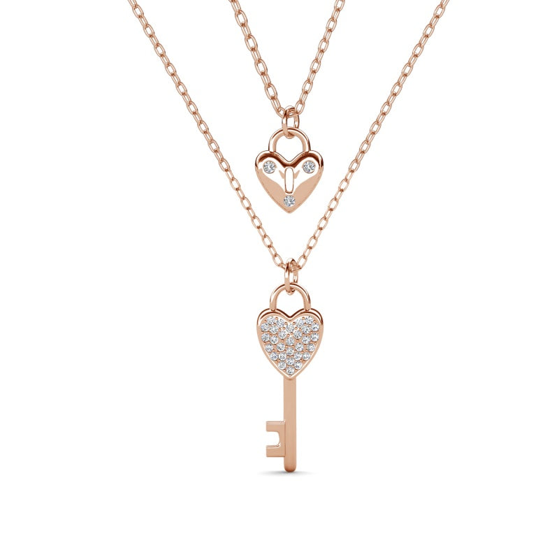 Hypoallergenic 18K White Gold Plated Crystal Heart Lock and Key Pendant Necklace/ DP0892
