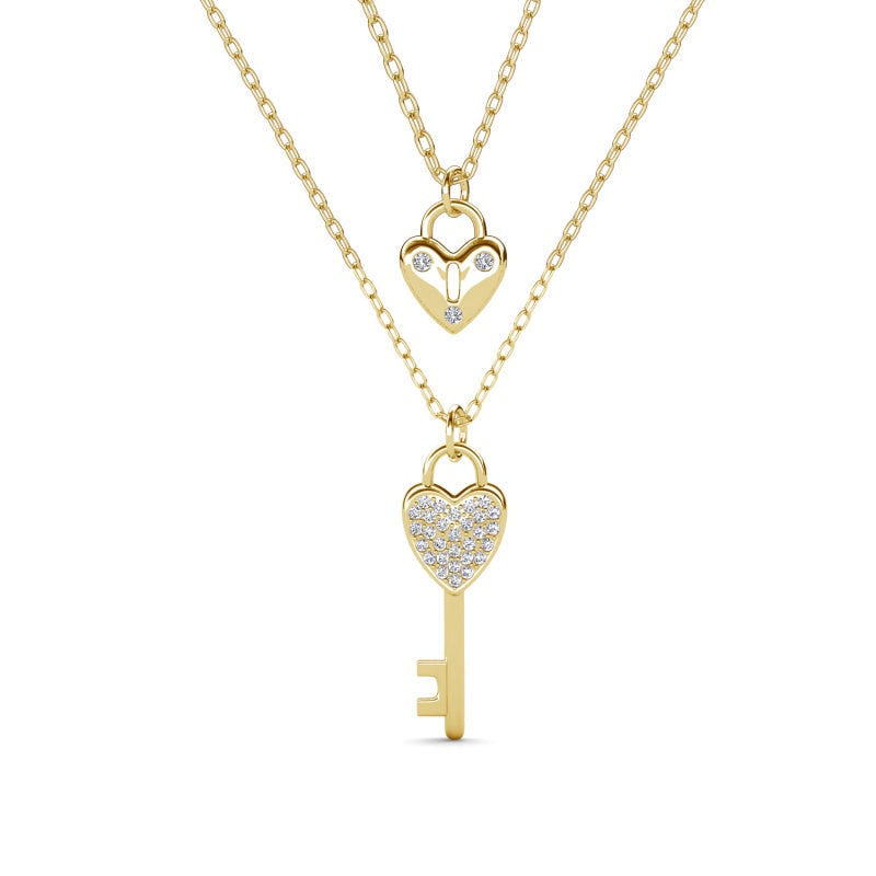 Hypoallergenic 18K White Gold Plated Crystal Heart Lock and Key Pendant Necklace/ DP0892