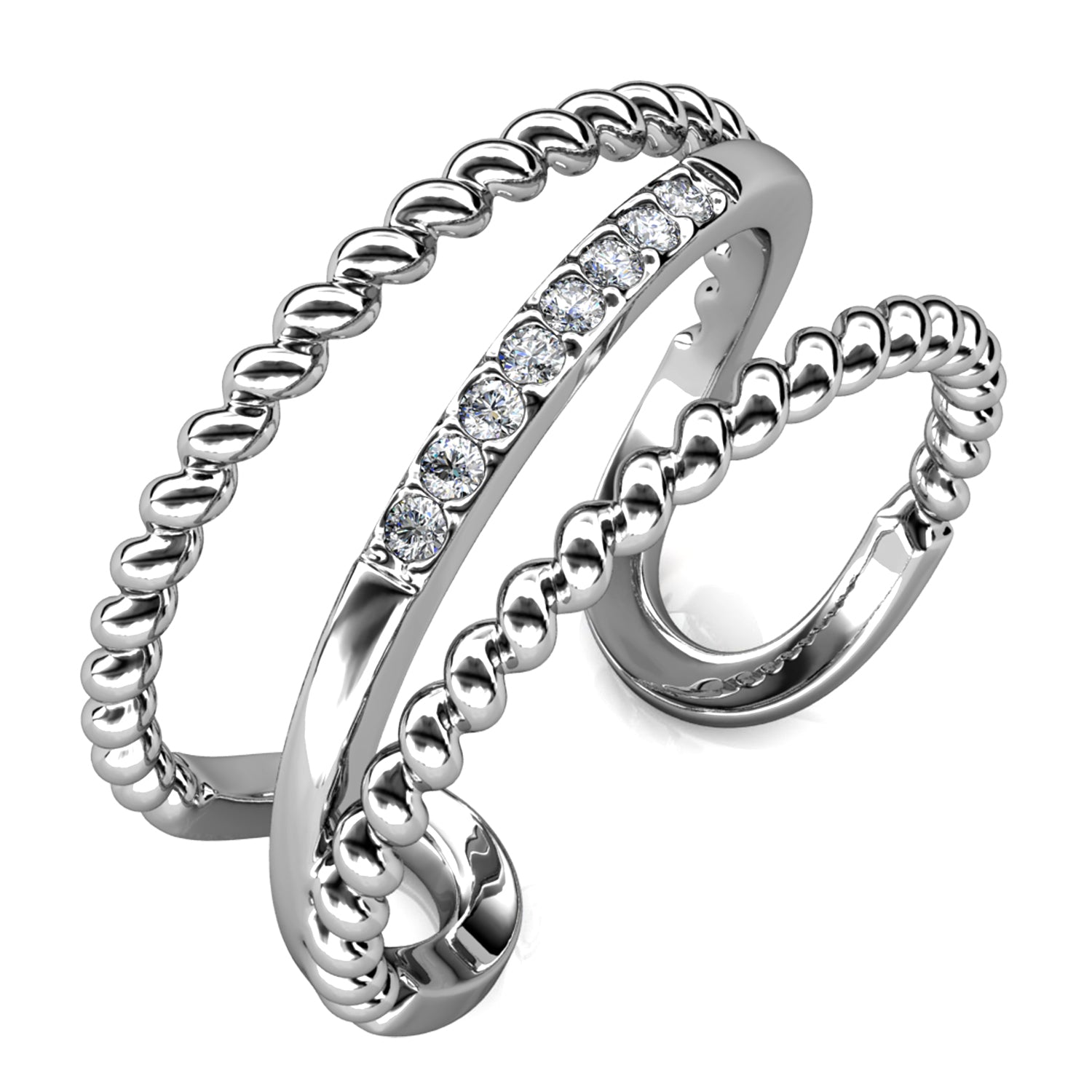 18K White Gold Plated Swarovski Crystal Multi-Layer Twisted Cable Ring / DR0110