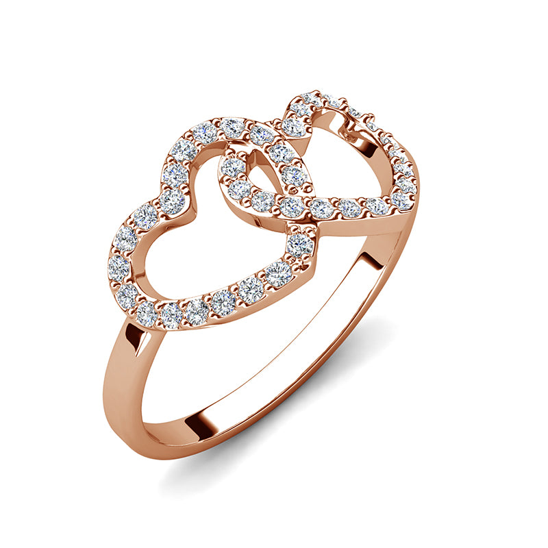 Interlocking Double Heart Ring Nickel Free Gold Plated Full Pave Outline Dainty Thin Band With Swarovski Crystals/ DR0161