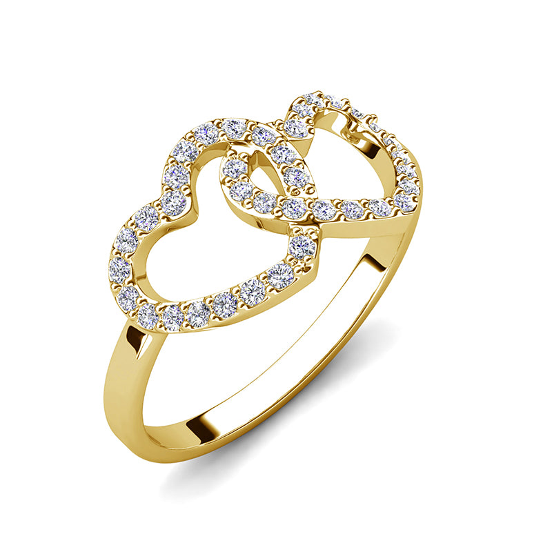 Interlocking Double Heart Ring Nickel Free Gold Plated Full Pave Outline Dainty Thin Band With Swarovski Crystals/ DR0161