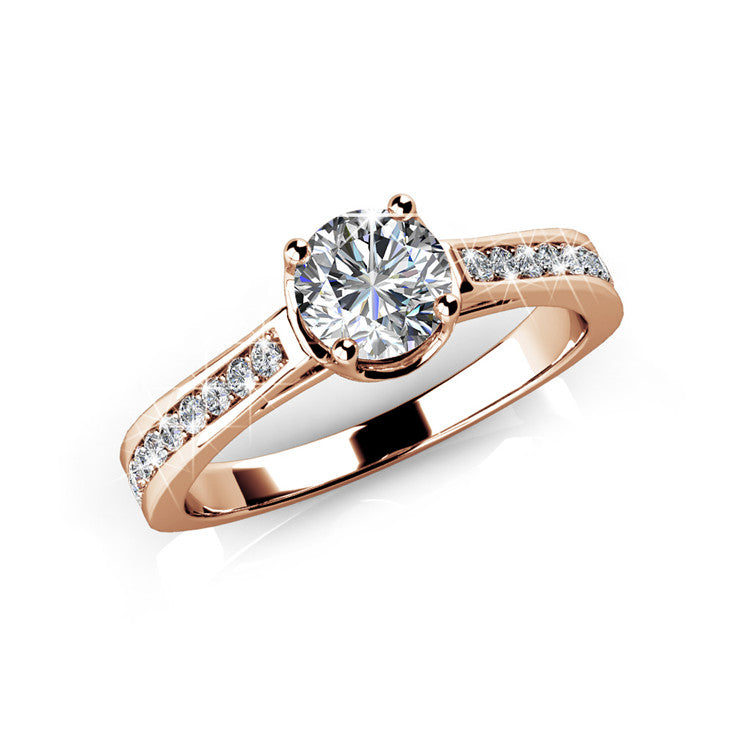 Engagement Ring Nickel Free Silver Plated 4 Prong Side Swarovski Crystal Band Ring / DR0185