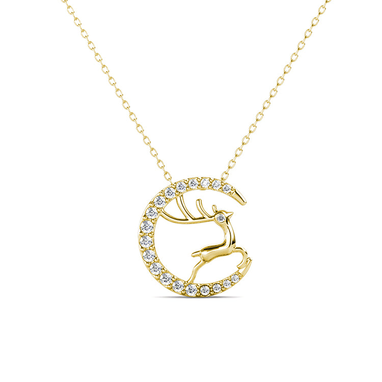 Whimsical Crescent Moon & Stag Necklace Pendant with Swarovski Crystals Dreamy Nature-Inspired Jewelry  / DP0785