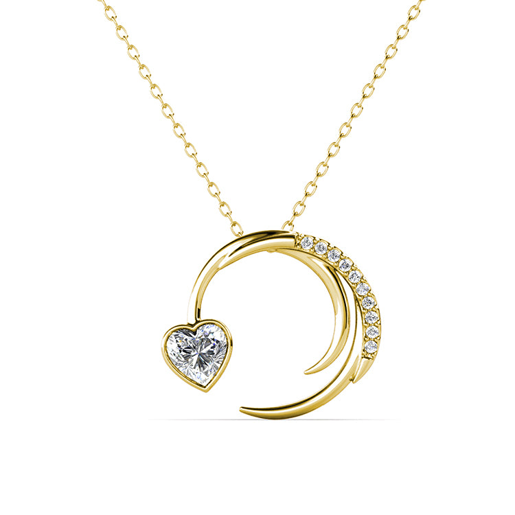 18K Gold Plated Trendy Crescent Moon & Heart Crystal Pendant Necklace / DP0777