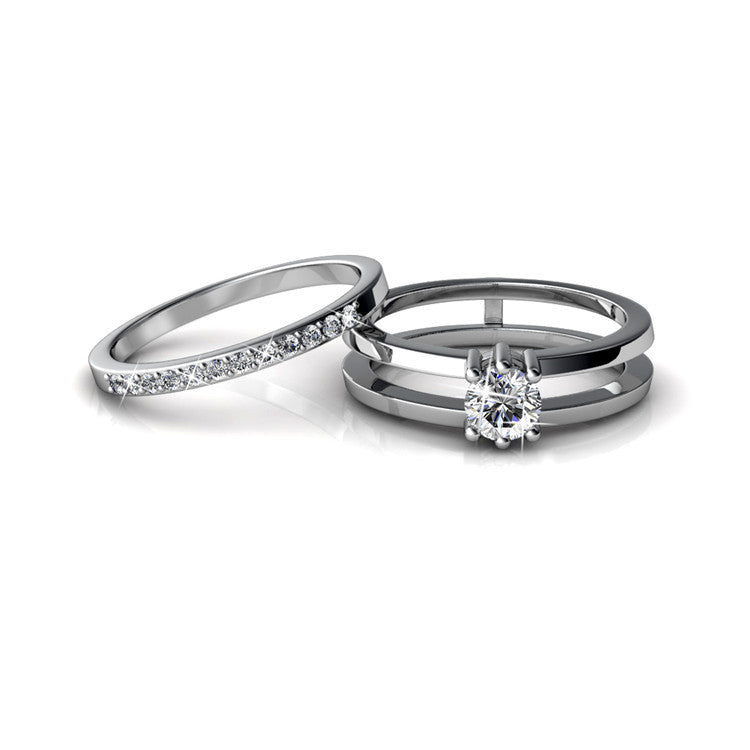 Bride Matching Wedding Set 18K Silver Plated Split Shank Six Prong Solitaire Ring Set/ DR0176