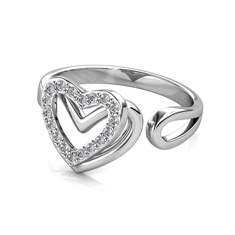 Romantic Intertwined Open Heart Ring with Swarovski Crystals Comfort Fit Open Cuff Stack Ring/ DR0117
