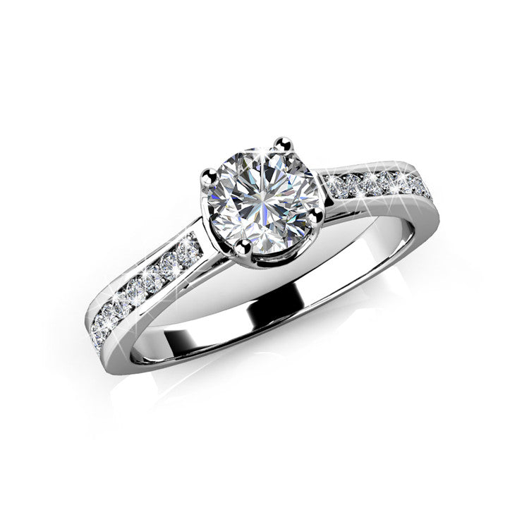 Engagement Ring Nickel Free Silver Plated 4 Prong Side Swarovski Crystal Band Ring / DR0185